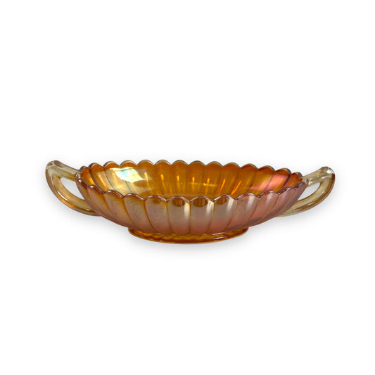 Carnival Glass, twin-handled oval dish in the "Marigold" color