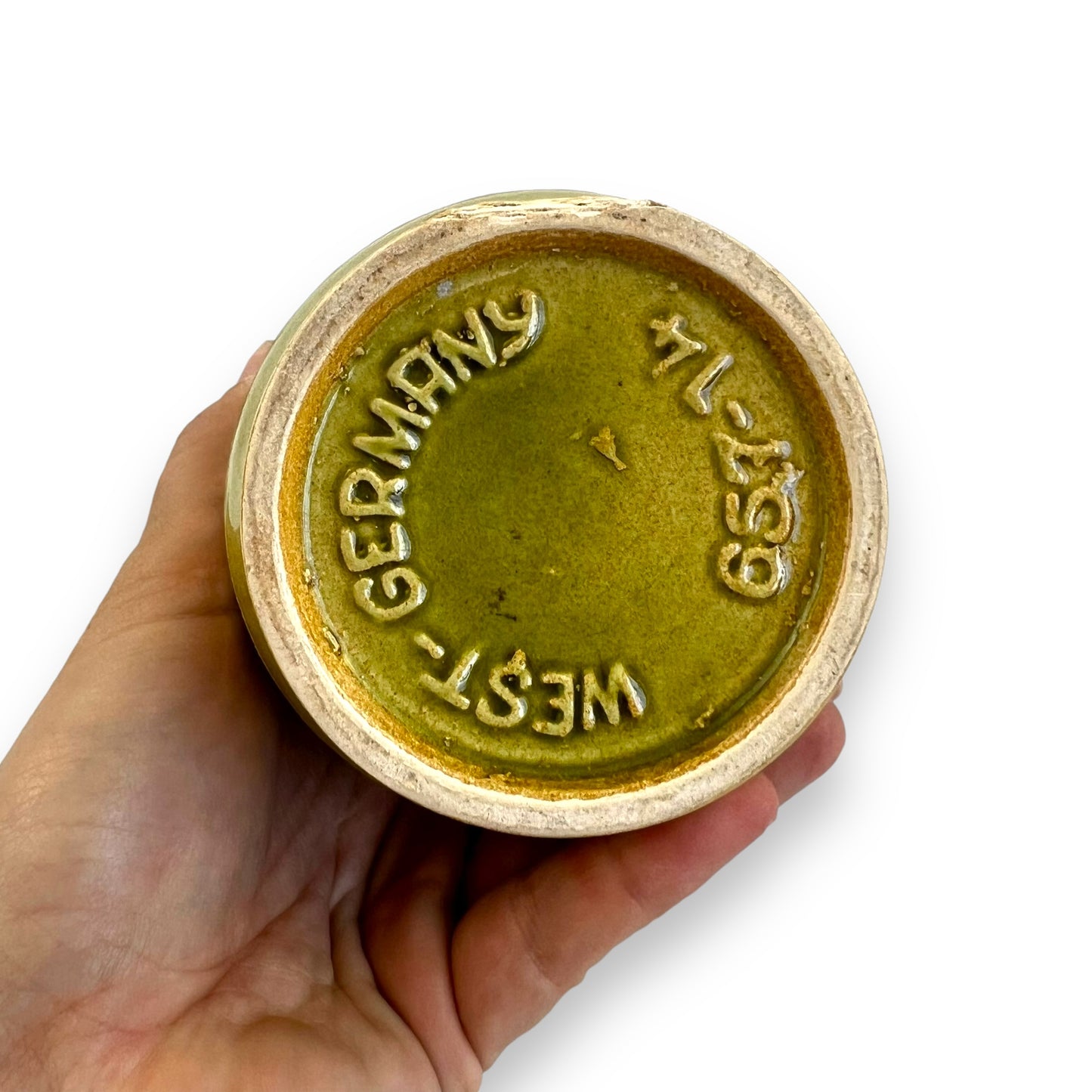 West German Pottery Vase - Stamped 657-14, Olive Green with Embossed Circle Design