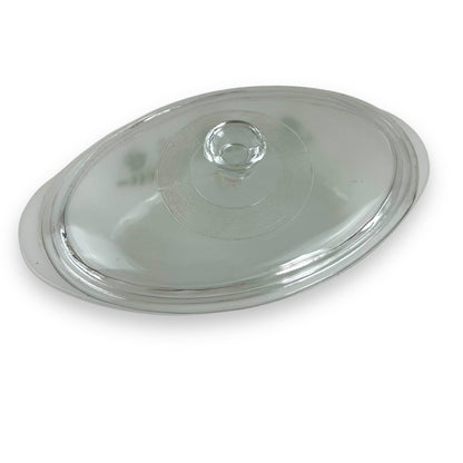 Glasbake oval white glass dish with clear lid and geeen decal