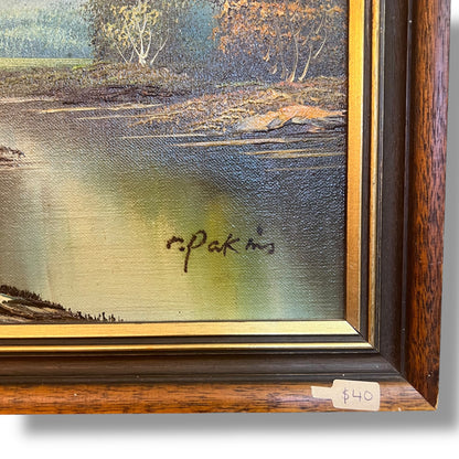 Autumn Forest by the Lake with Snow-Capped Mountains – Signed Reproduction by R. Pakins