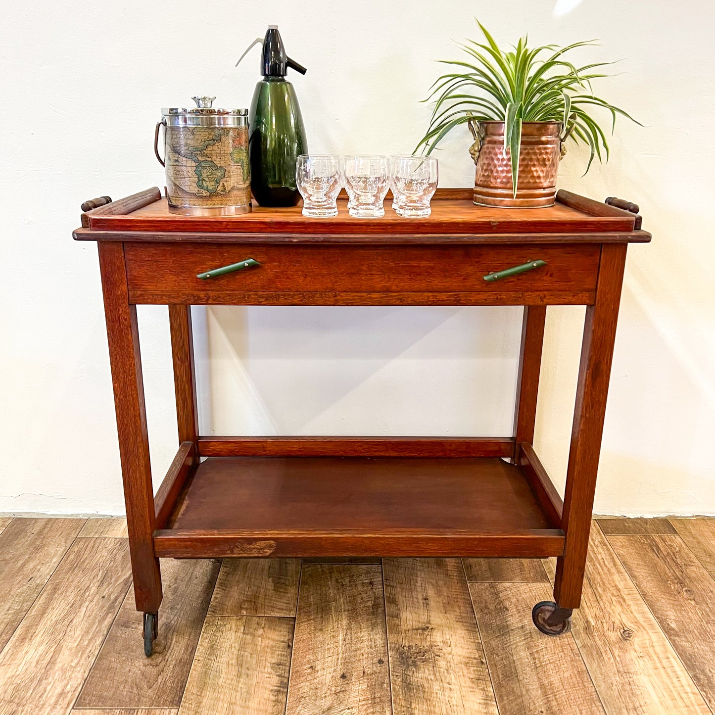 Vintage two tier wooden tea / bar cart trolley with drawers