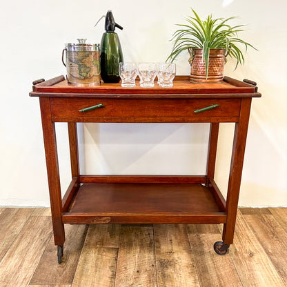 Vintage two tier wooden tea / bar cart trolley with drawers