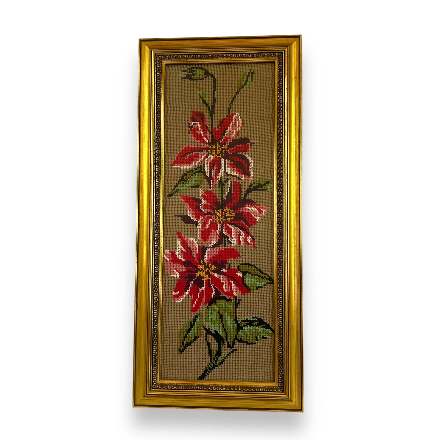 Vintage Needlepoint Art – Red Floral Design in Gold Frame
