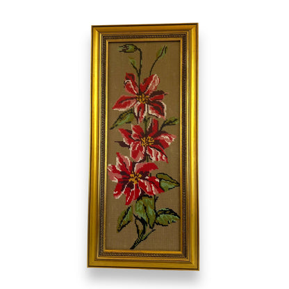 Vintage Needlepoint Art – Red Floral Design in Gold Frame