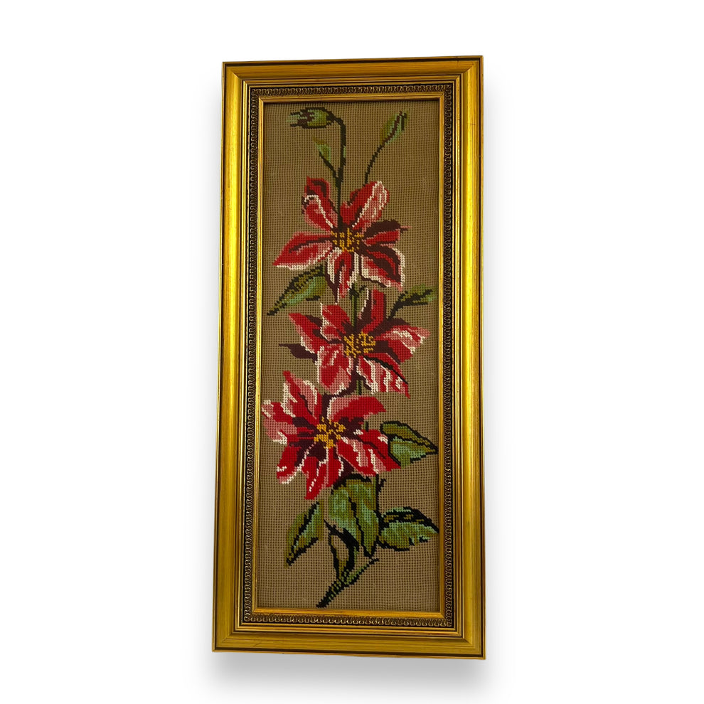 Vintage Needlepoint Art – Red Floral Design in Gold Frame – Southside ...