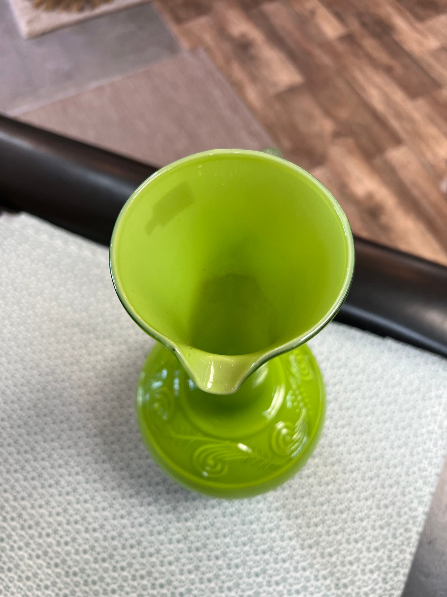 Lime Green Art Glass Ewer Vase with Clear Applied Handle – Decorative Scroll Detail