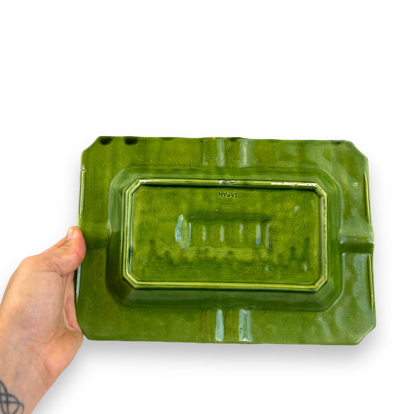 Green Ornate Pattern Ceramic Ashtray - Made in Japan