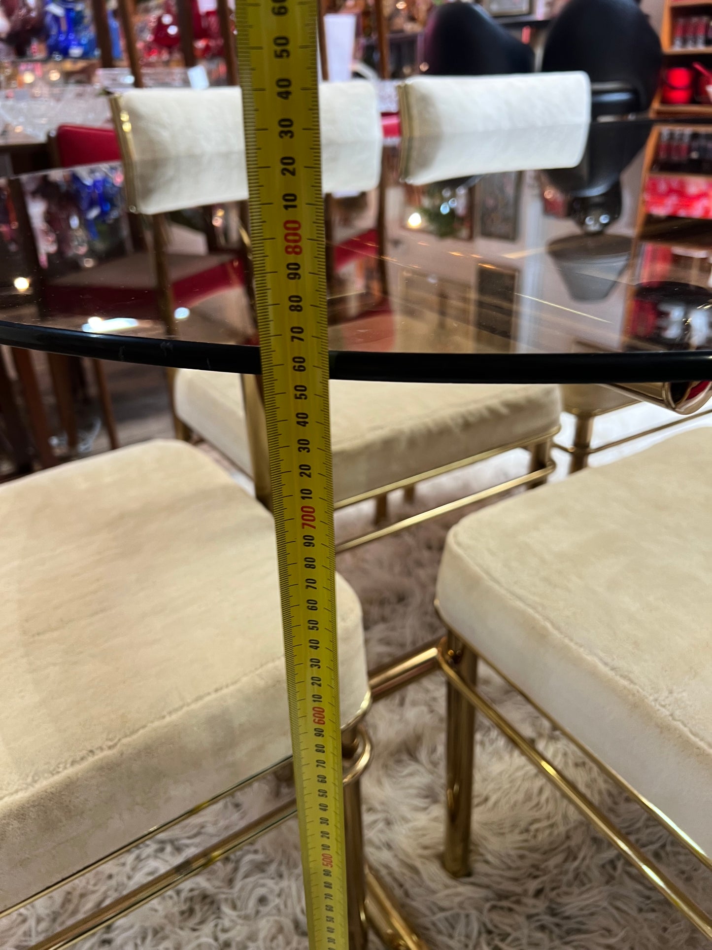 Brass & Smoked Glass Dining Table with 6 Chairs cream upholstery