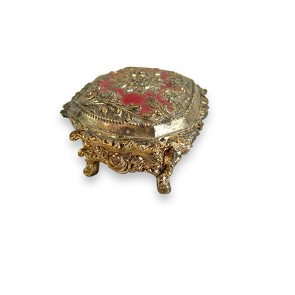 Ornate Jewelry Box – Made in Japan – Gold Tone Metal with Red Velvet Lining