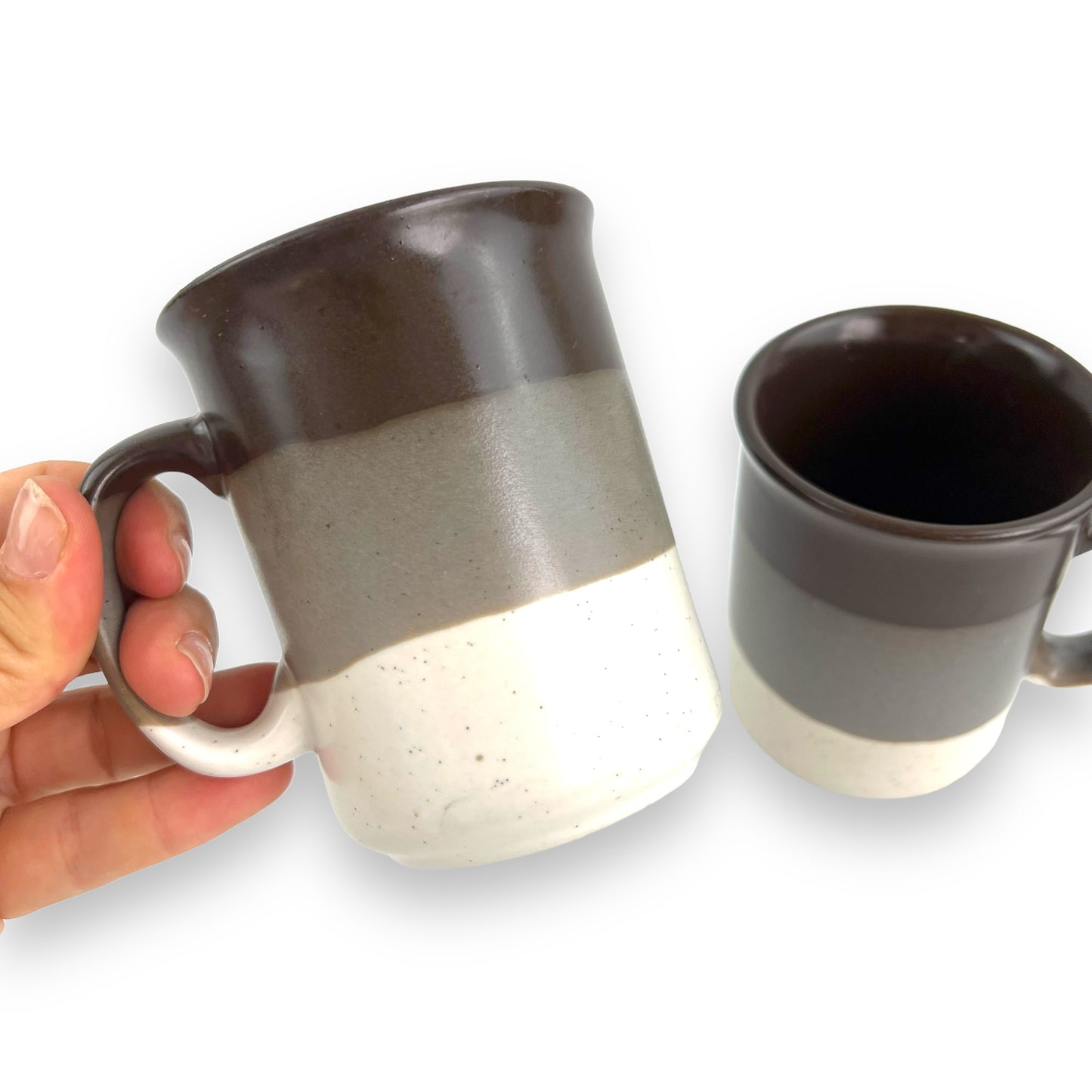 Brown, grey & white strip mug set of 2