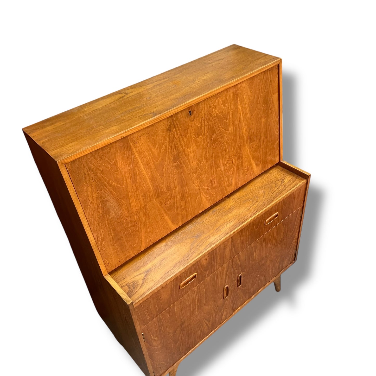 Mid-Century Teak Veneer Bureau Writing Desk & Bar Cabinet by Noblett Furniture