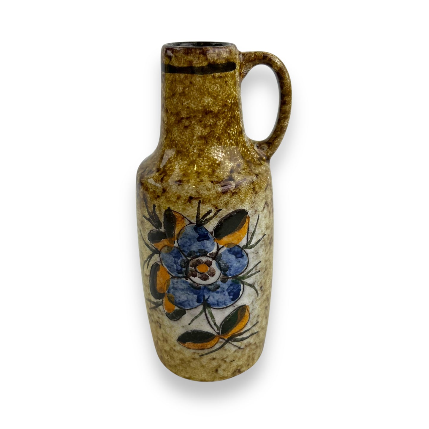 Ceramic vase with blue flower and handle by VEB Haldensleben