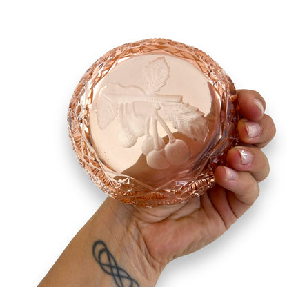 Pink Depression Glass Dish – Etched Cherry Motif Trinket Bowl