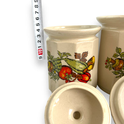 Beige Ceramic Canister set of 3 with colourful vegetable decals.