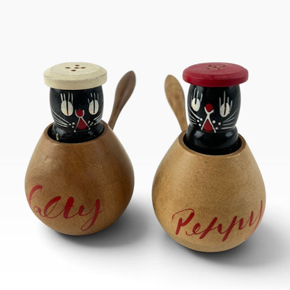 Peppy & Salty Cat Salt & Pepper Shakers with Timber Holders