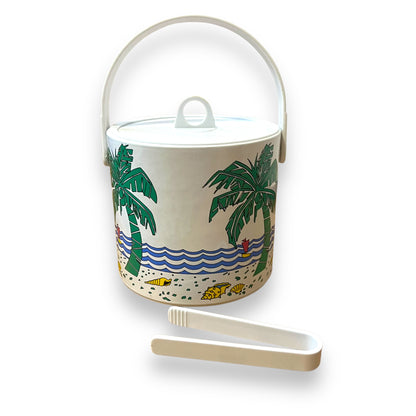 Beach Themed Ice Bucket with Tongs - Palm Trees and Ocean Design
