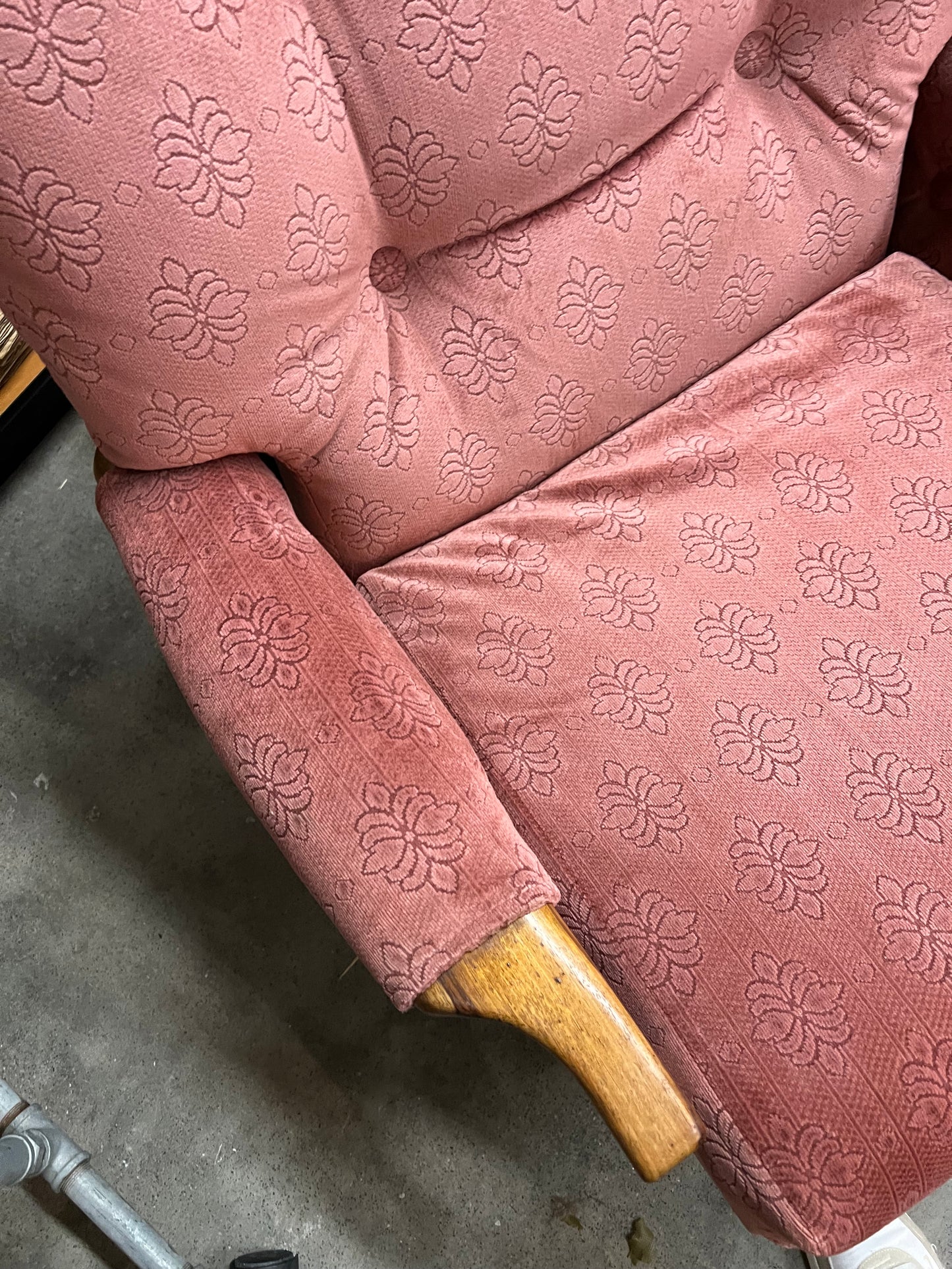 1. Pink Patterned Upholstery Sleigh Base Armchair