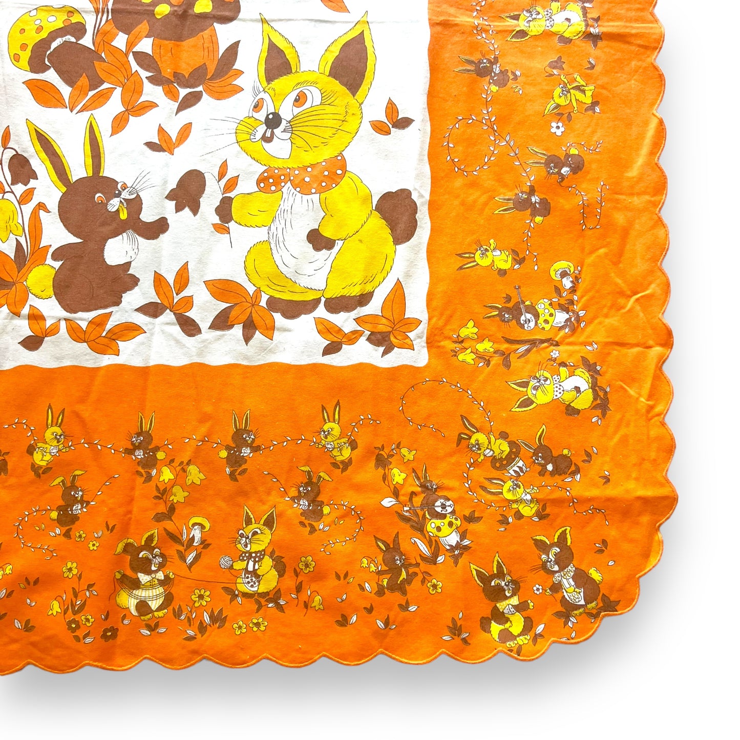 Retro Orange yellow and brown rabbit and mushroom tablecloth