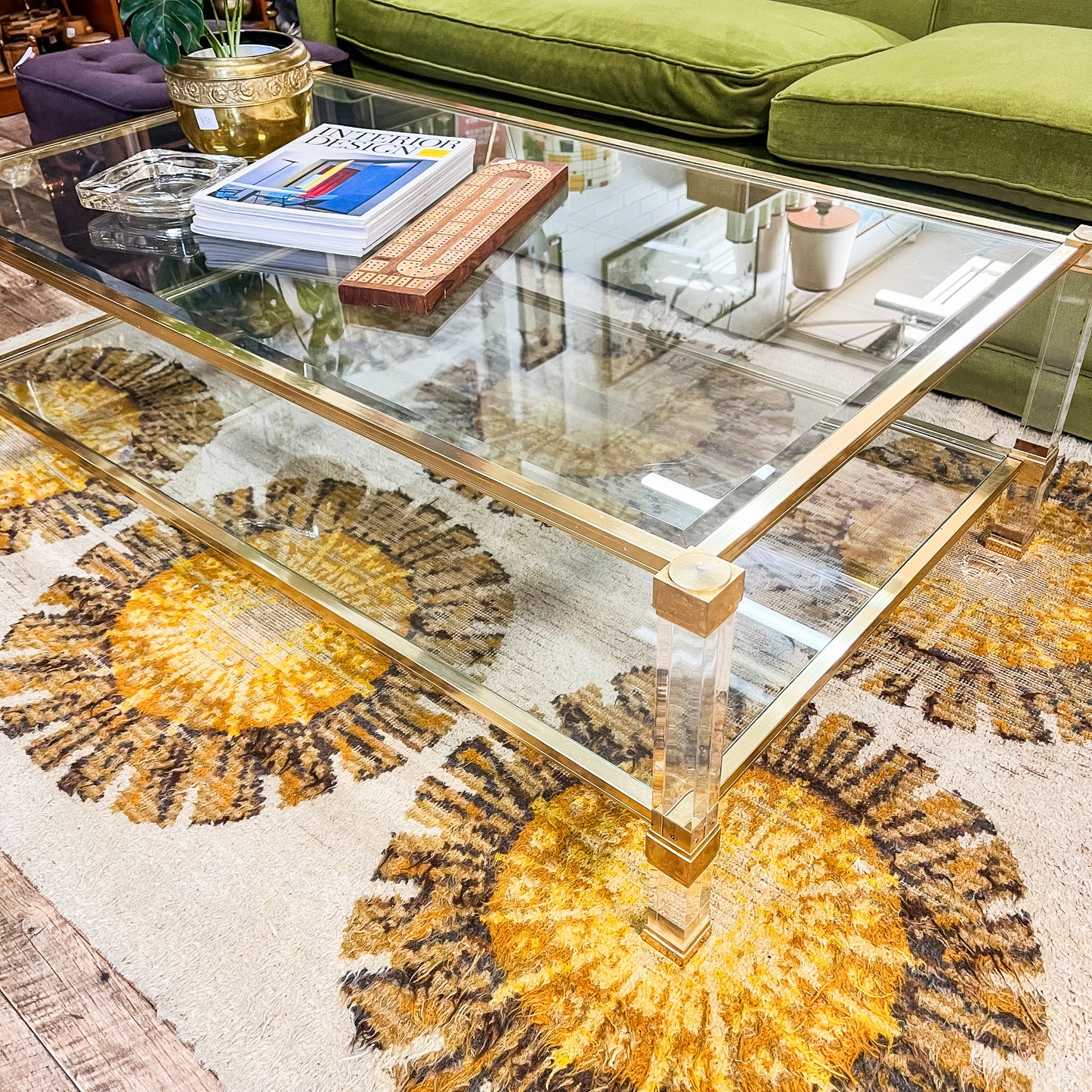 Pierre Vandel Paris Lucite & Brass Two-Tier Coffee Table