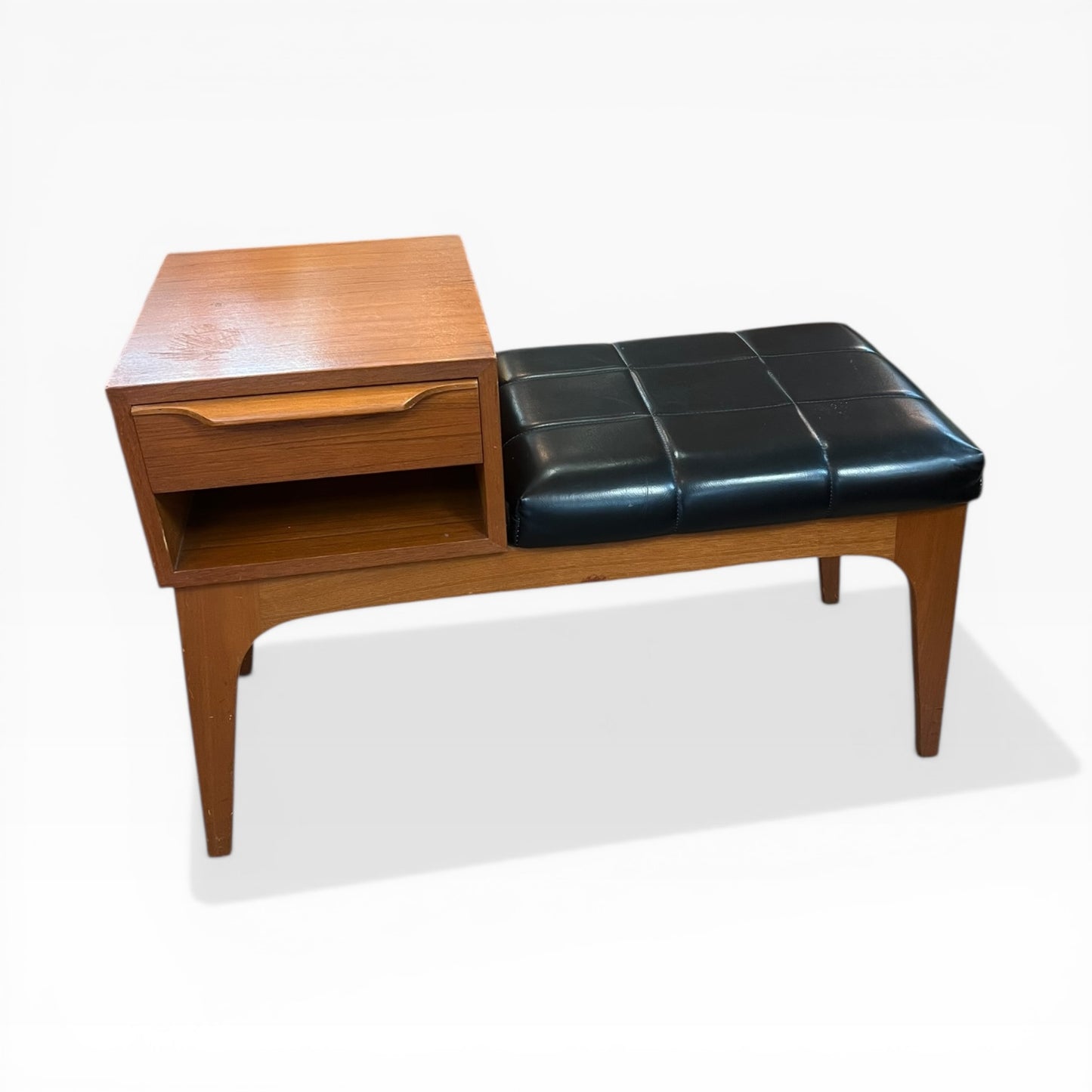 Teak Telephone Bench Seat with Black Vinyl Cushion