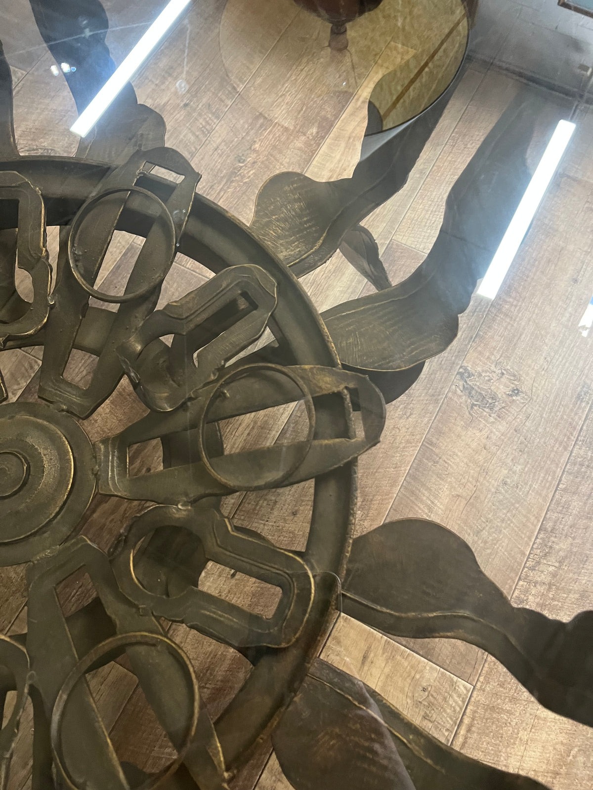 Large Brutalist Sculptural Metal & Smoked Glass Coffee Table  1.22m diameter