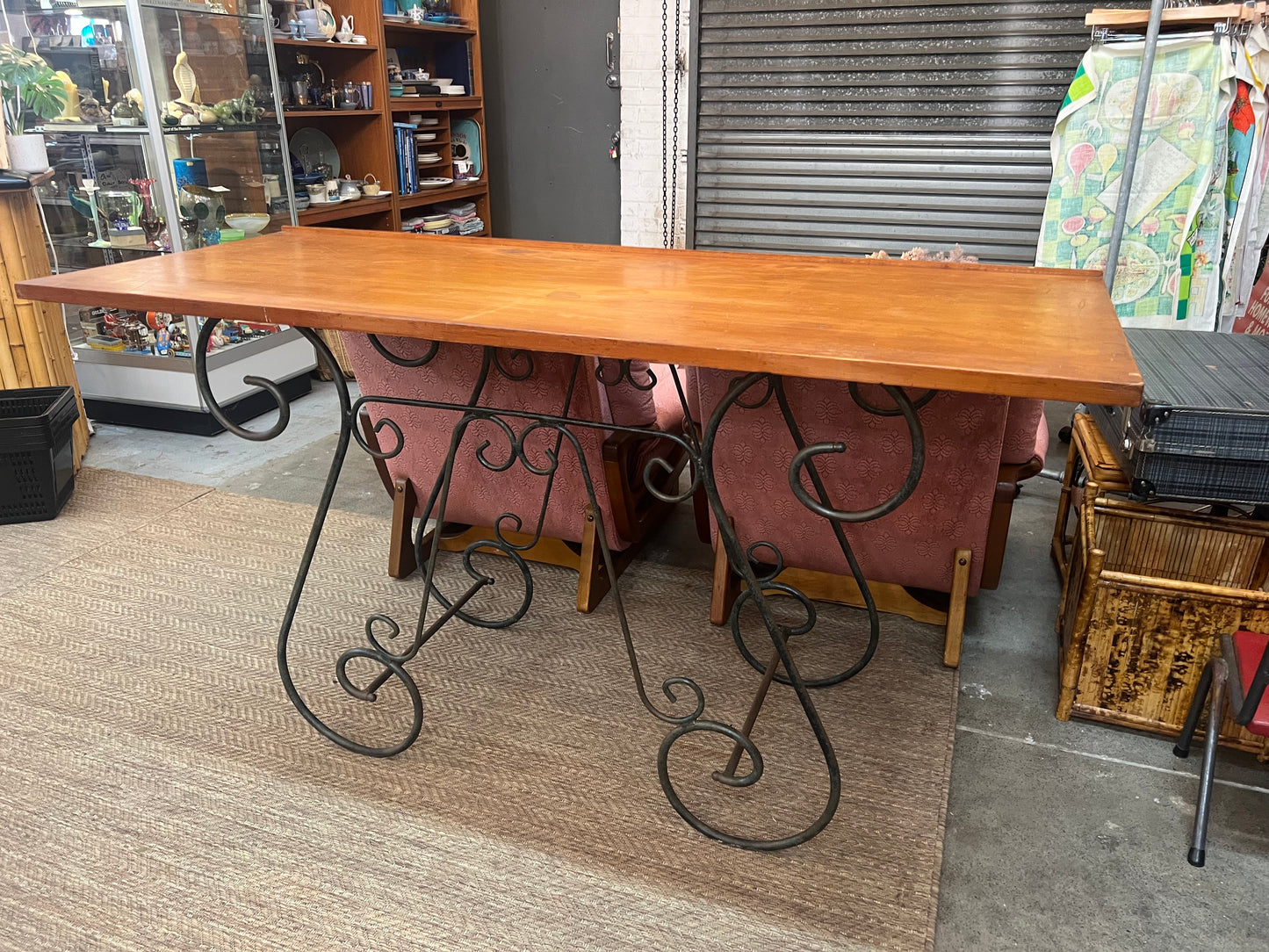 Vintage Timber Bar Table / Kitchen Island / Console Table with Wrought Iron Curly Base