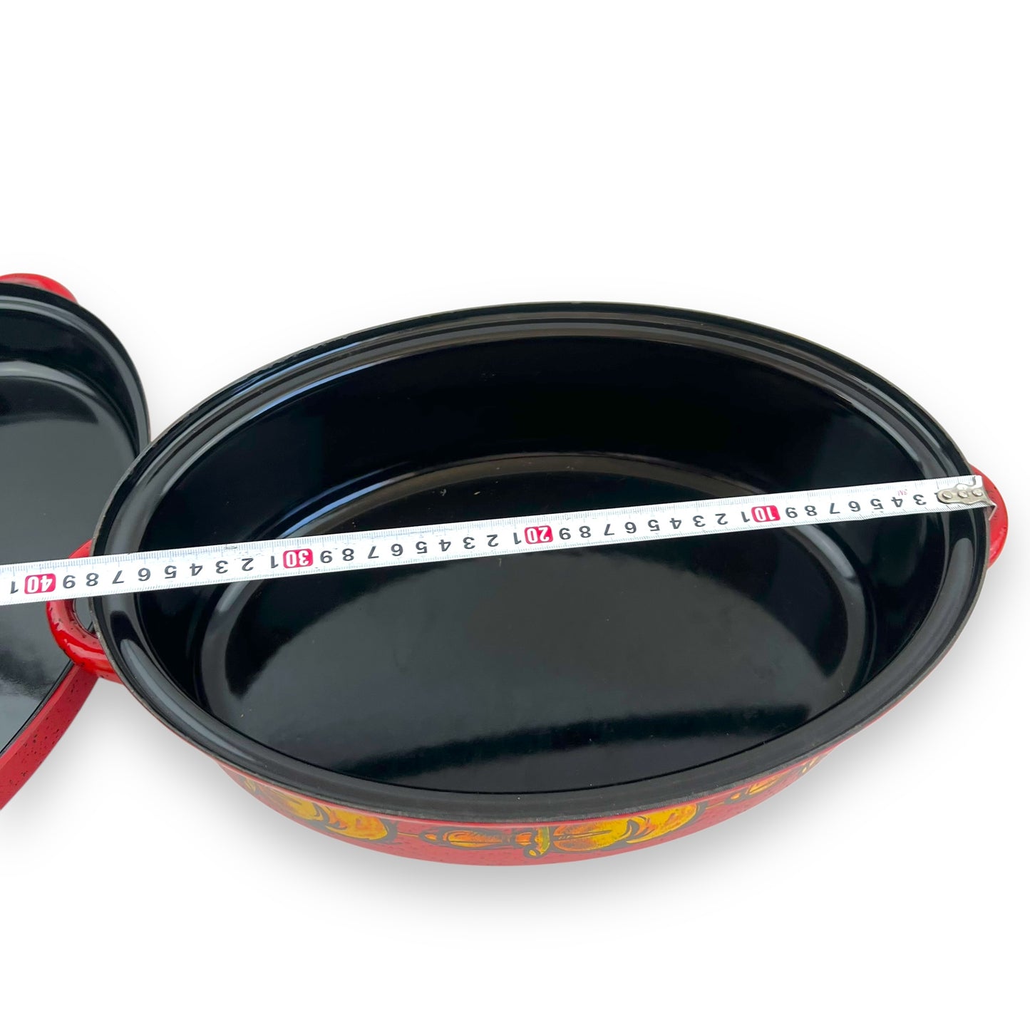 Red Enamelware Dutch Oven – Hand-Painted Fruit Motif, Two-Piece Roasting Pan