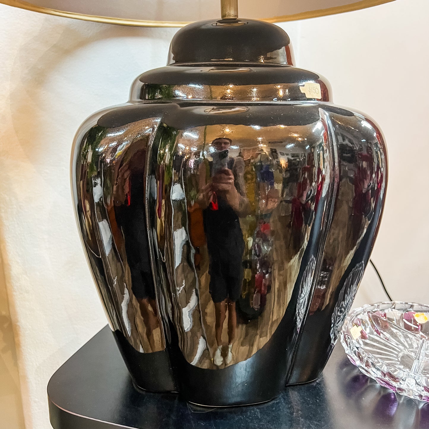 Black Glazed Ceramic Table Lamp with Grey Shade