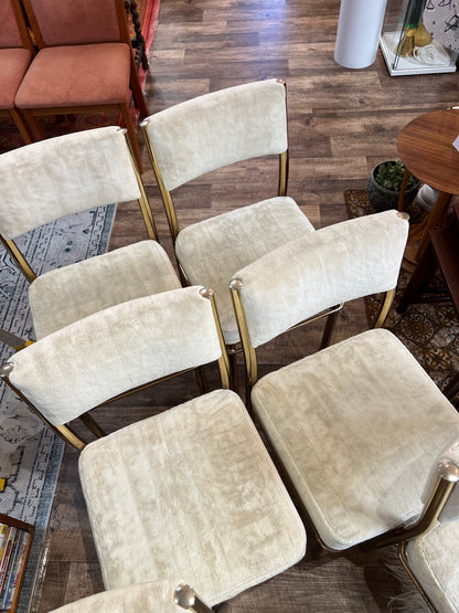 Brass & Smoked Glass Dining Table with 6 Chairs cream upholstery