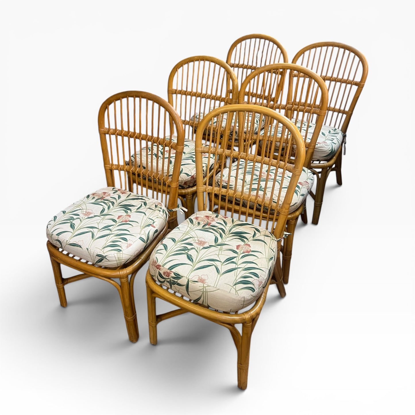 Set of 6 Vintage Bamboo & Rattan Dining Chairs with Floral Cushions