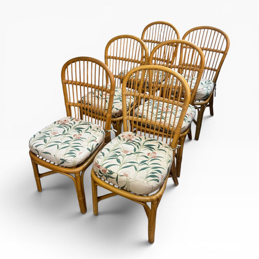 Set of 6 Vintage Bamboo & Rattan Dining Chairs with Floral Cushions