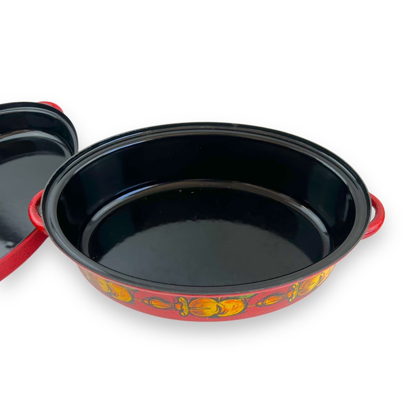Red Enamelware Dutch Oven – Hand-Painted Fruit Motif, Two-Piece Roasting Pan
