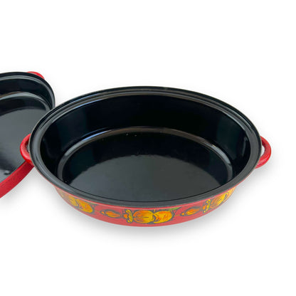 Red Enamelware Dutch Oven – Hand-Painted Fruit Motif, Two-Piece Roasting Pan