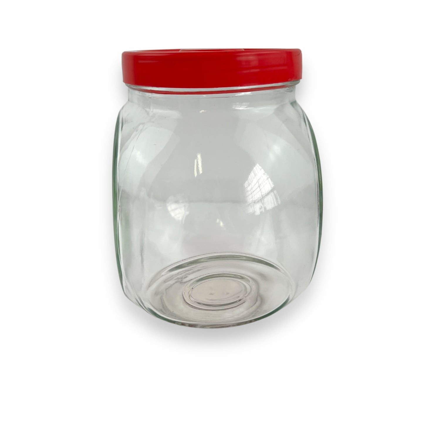 Red lid round glass storage jar