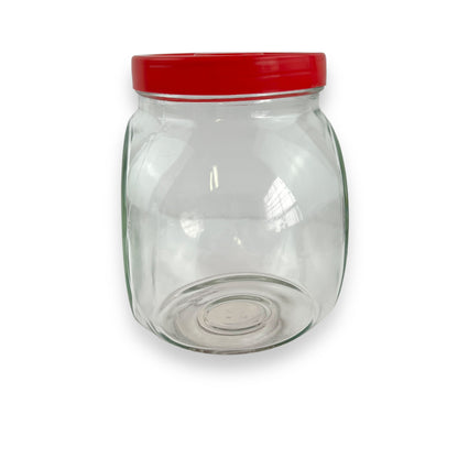 Red lid round glass storage jar