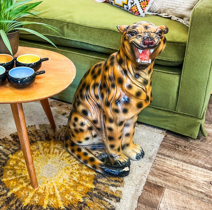Large Vintage Cheetah Statue – Mid-Century Ceramic Jungle Cat