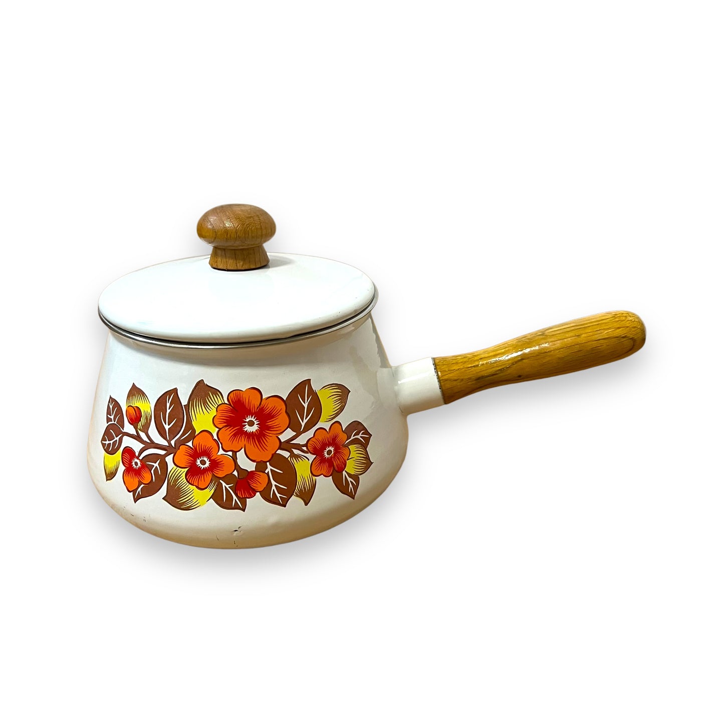 Floral Enamel Fondue Pot with Wooden Handle and Lid