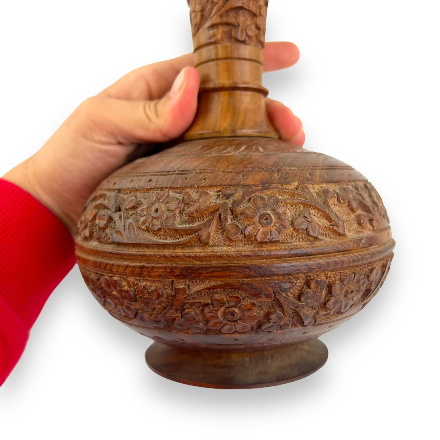 Wooden flower carved skinny neck vase