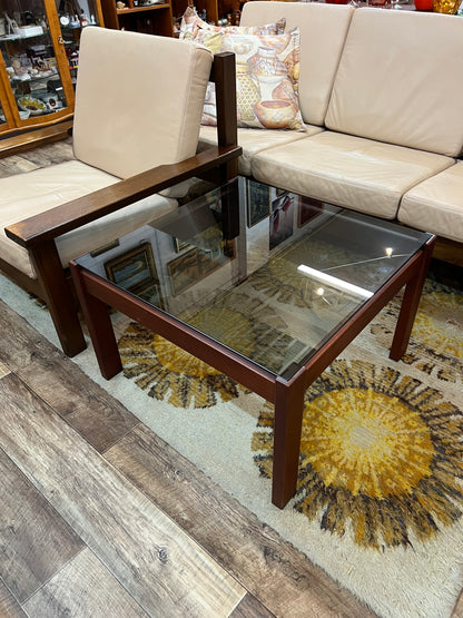 Mid-Century Modern Square Smoked Glass Coffee Table with Rich Reddish-Brown Timber Frame