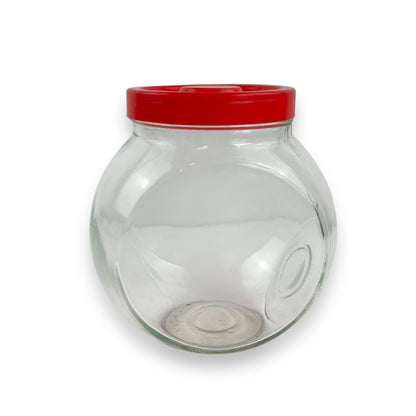 Red lid round glass storage jar