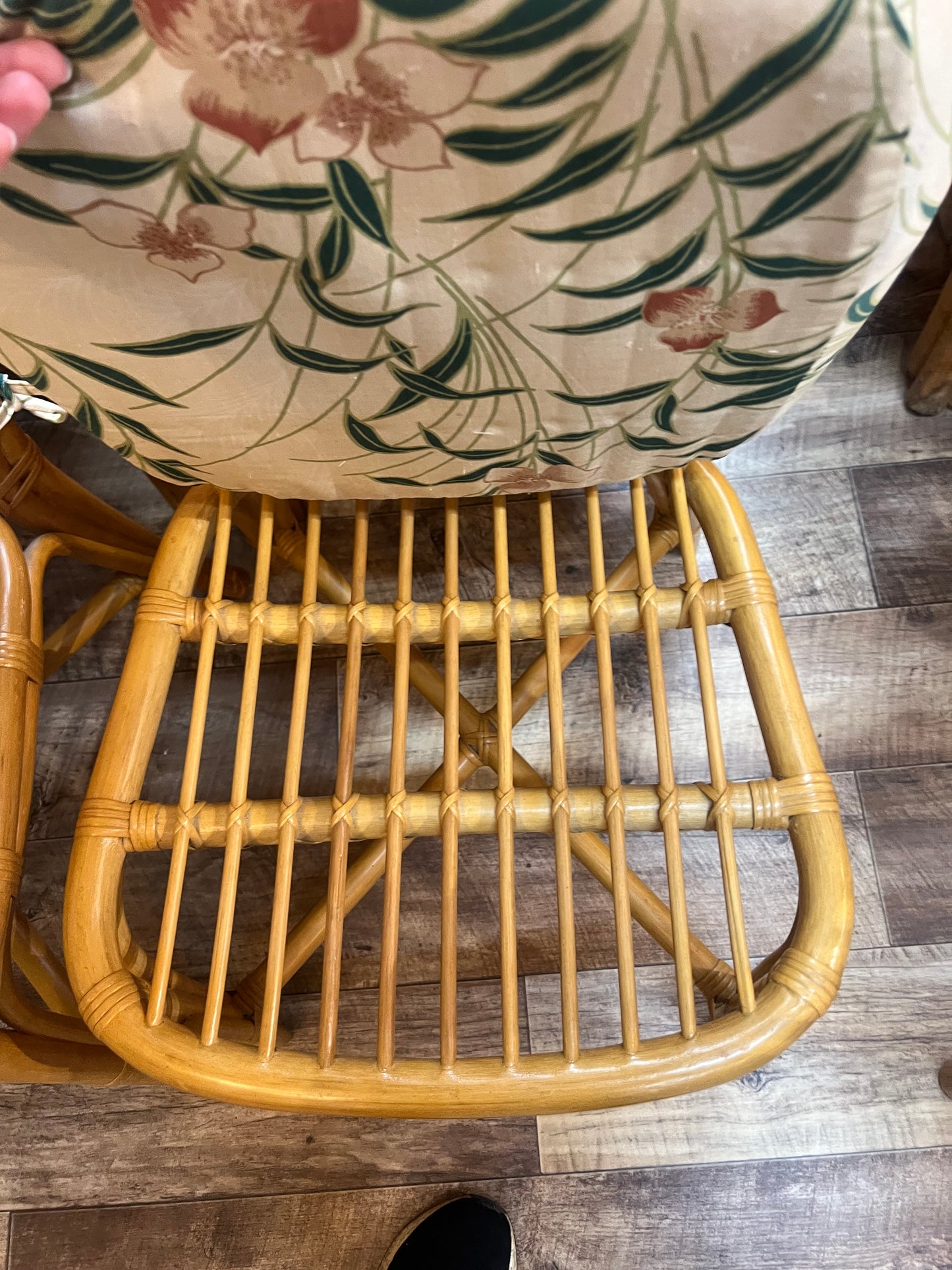 Set of 6 Vintage Bamboo & Rattan Dining Chairs with Floral Cushions