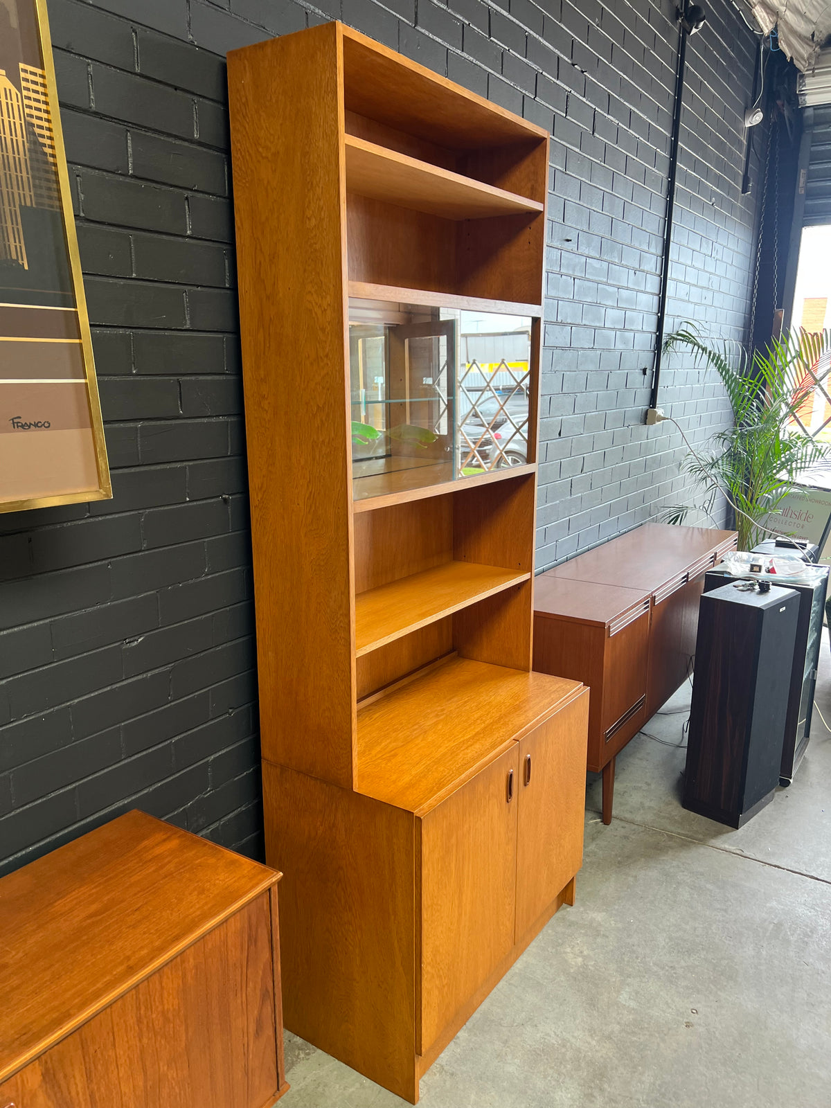 Mid-Century Display Cabinet with Glass Sliding Doors & bottom Storage cupboards