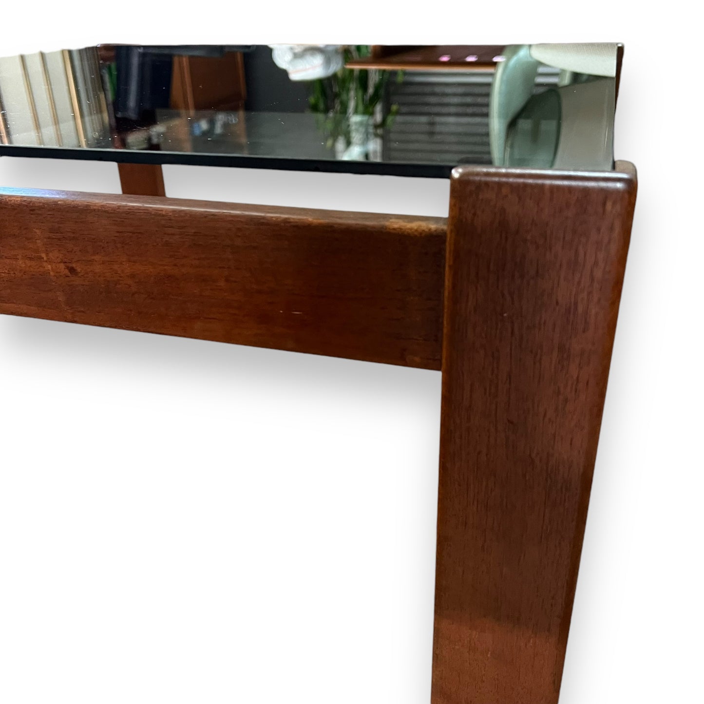 Square wooden frame coffee table with smoky glass top
