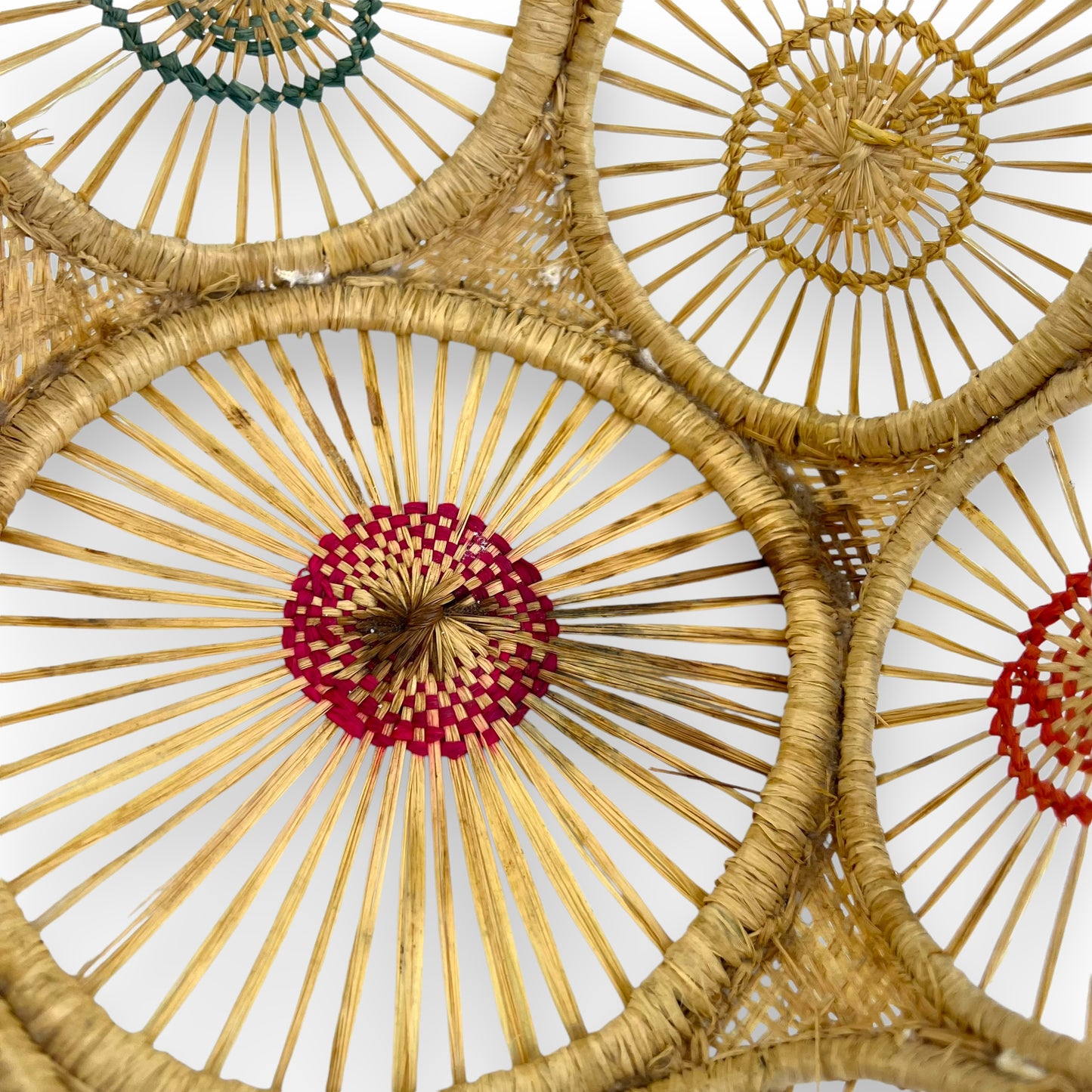 Circle pattern woven basket bowl with colourful circles