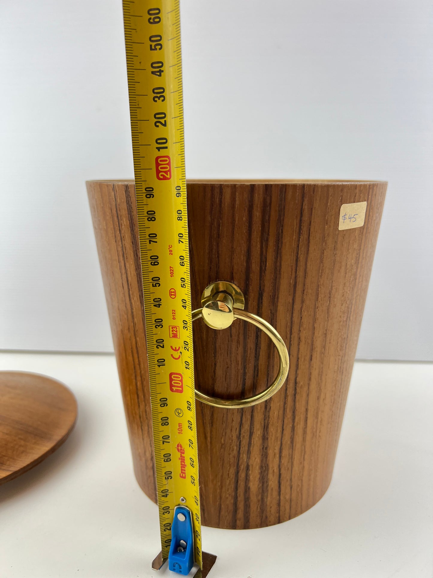Teak Veneer & Brass Ice Bucket with Ring Handles