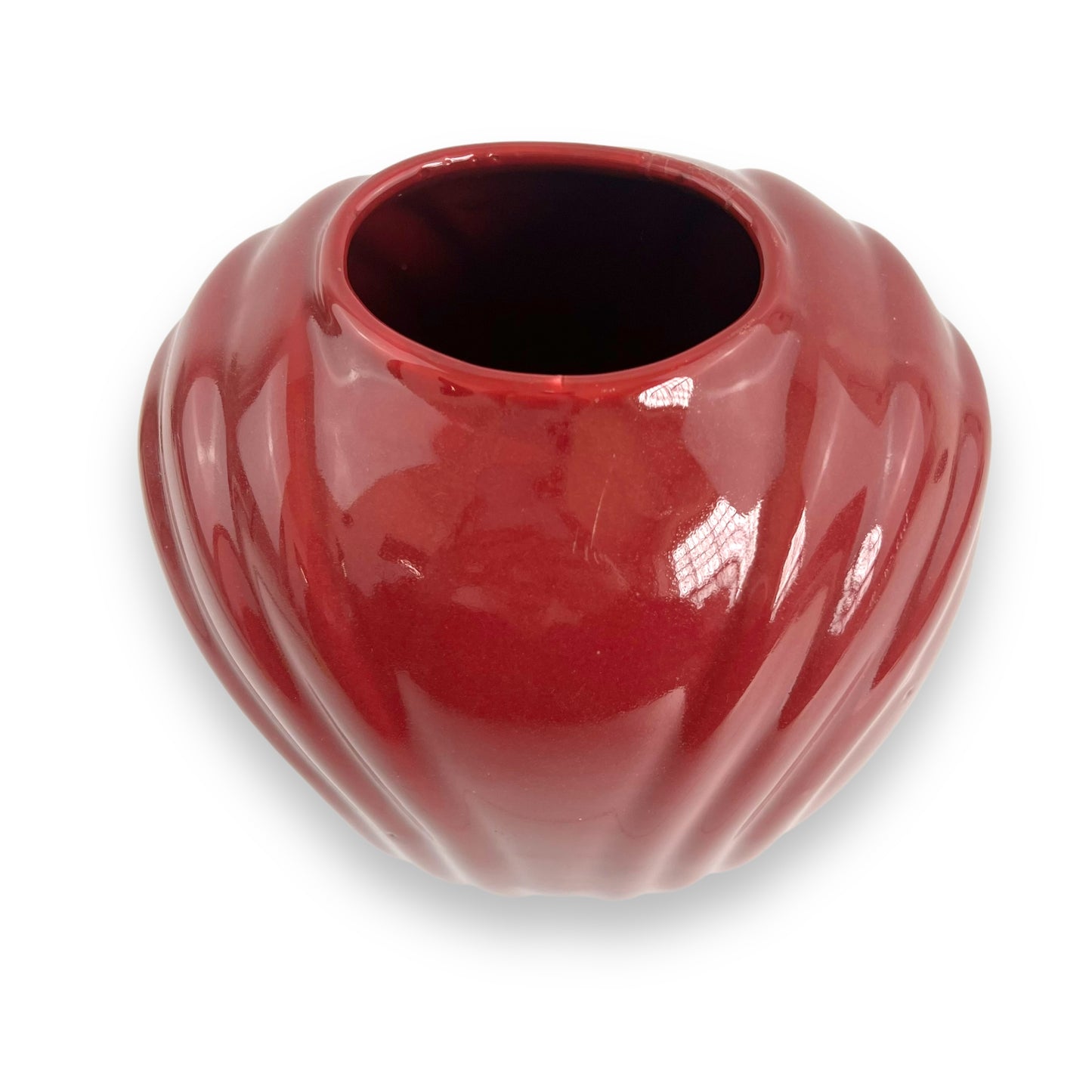 Maroon ribbed 80s ceramic vase