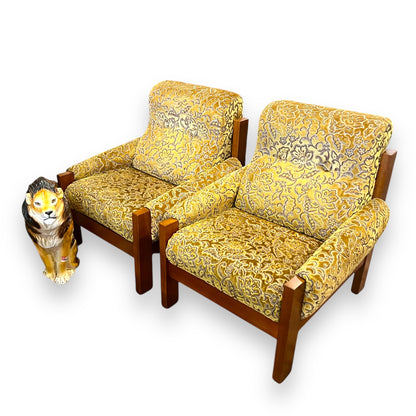 1970s Single Lounge Chair – Bold Gold Floral Velour & Solid Timber Frame