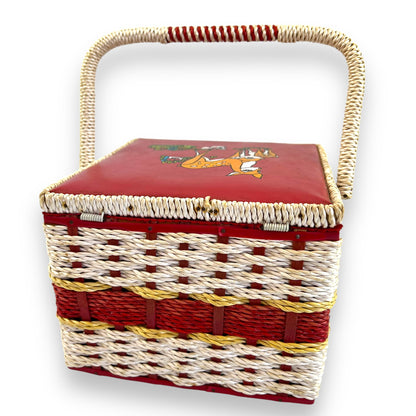 Vintage red and white sewing box with deer artwork