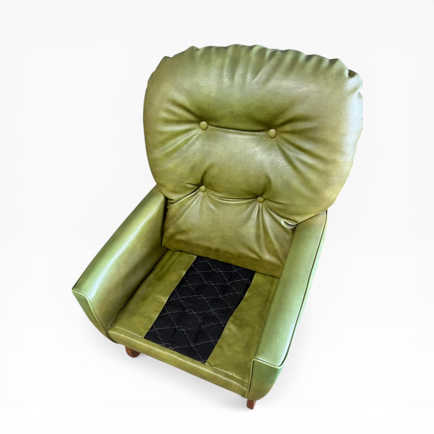 Olive Green Vinyl Lounge Armchair with Timber Sleigh Base
 (rip on side)