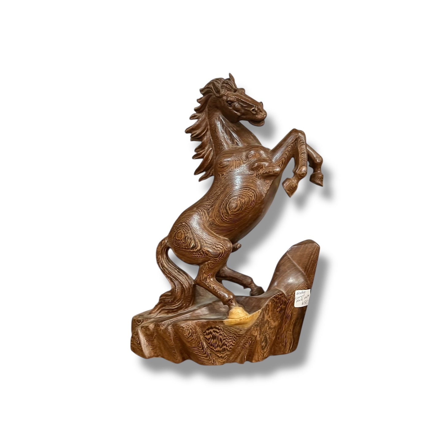 Large Hand-Carved Wooden Rearing Horse Sculpture